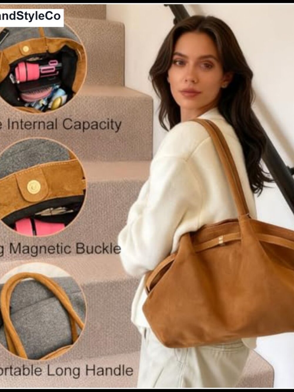 Faux Suede Vintage Tote Bag Large Capacity Shoulder Work Handbag - Picture 4 of 6